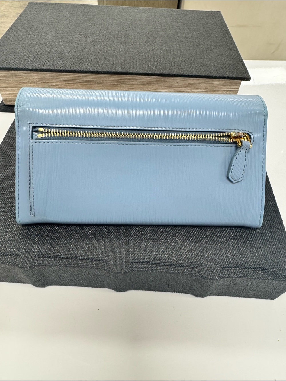 Prada Powder Blue Saffiano Leather Continental Wallet with Gold Logo - Picture 7 of 13
